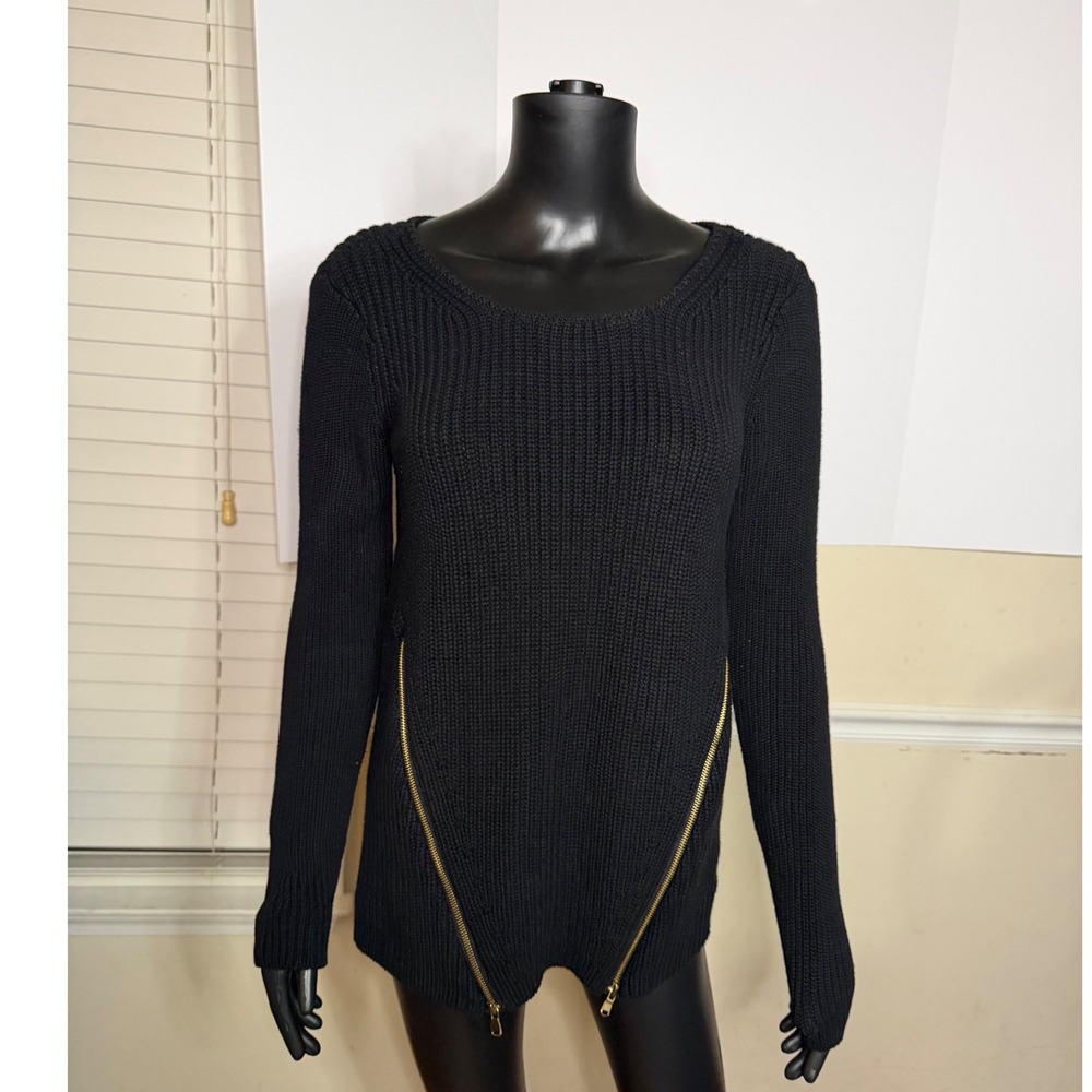 Guess Los Angeles Black Ribbed Knit Sweater Gold Diagonal Zippers Womens Medium